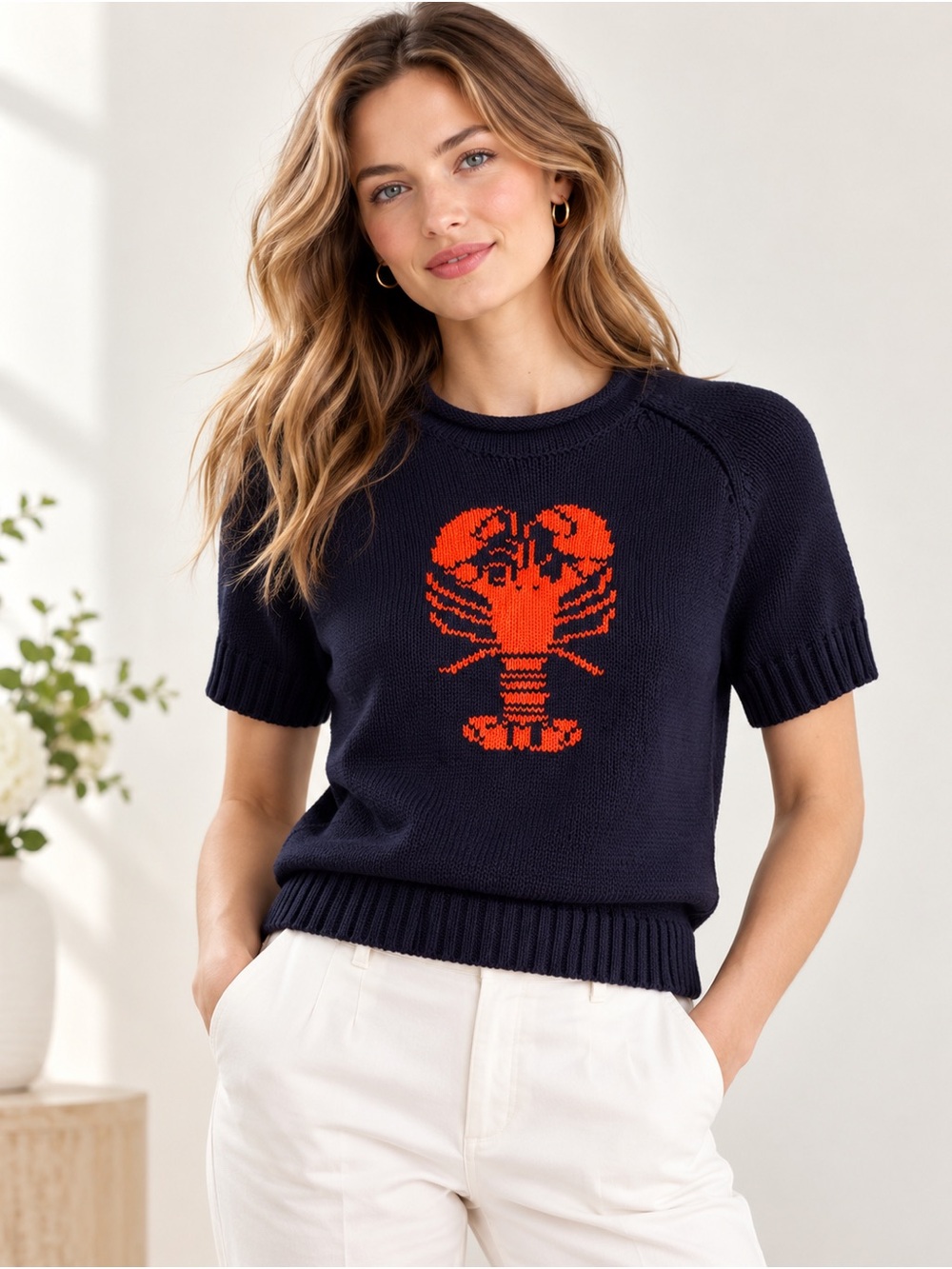 Viral Lobster Roll Neck Sweater M Cotton Fisherman Lobster Nautical Navy coastal